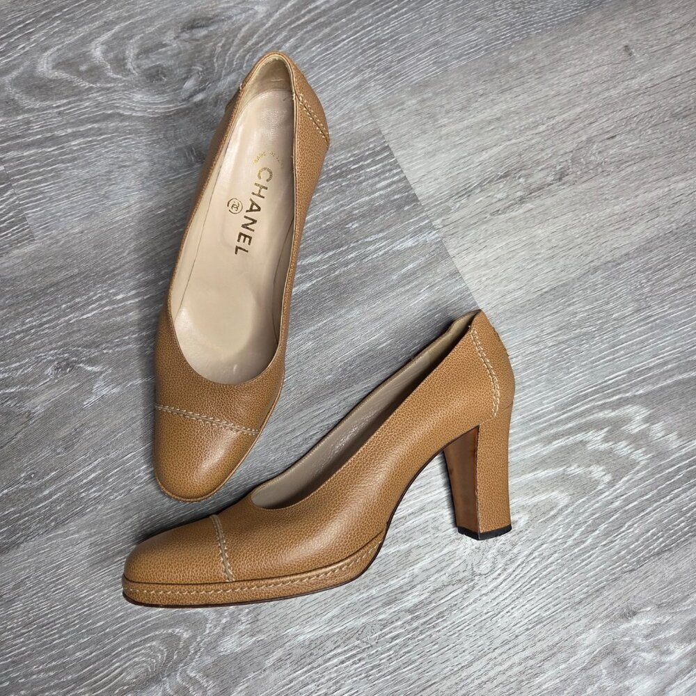 Vintage 90s - Women's Chanel Brown Caviar Leather Platform Pumps CC Logo 37.5 EU - Picture 5 of 13